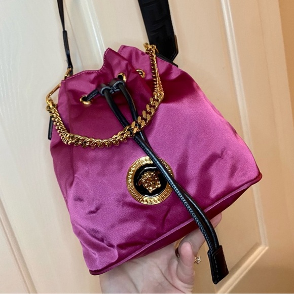 NEW!!! Versace Deep Fuschia Nylon and Black Leather Drawstring Bucket Bag - Picture 2 of 15
